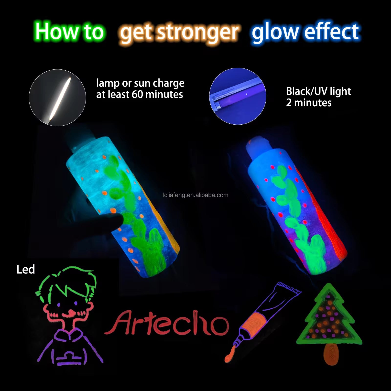 Pintura Acrilica Neon Artecho Glow In The Dark X8 Colores